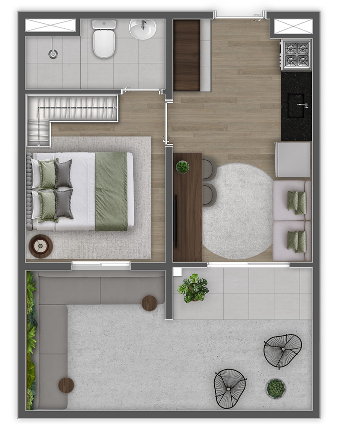 Apartamento c/1 quarto + jardim